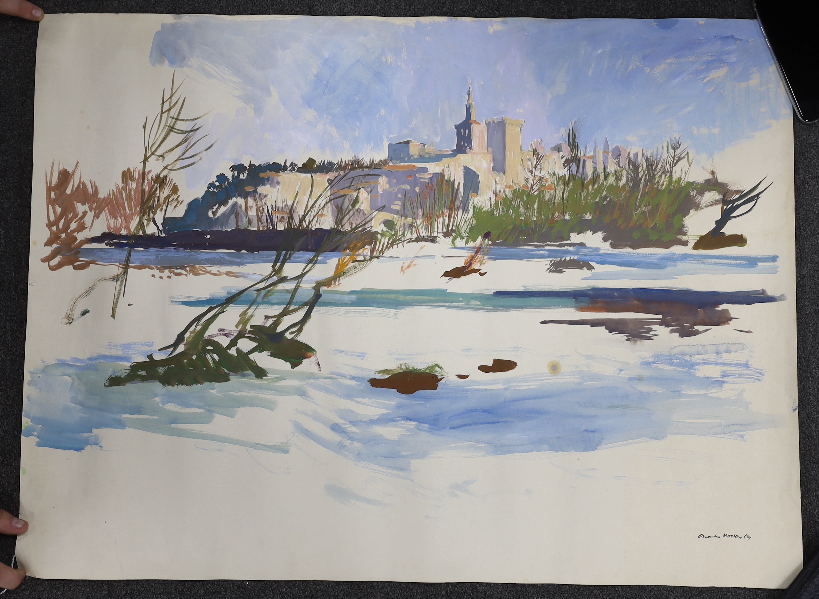 Charles Mozley (1915-1991), gouache on paper, Continental river landscape with buildings, signed, 75 x 57cm, unframed